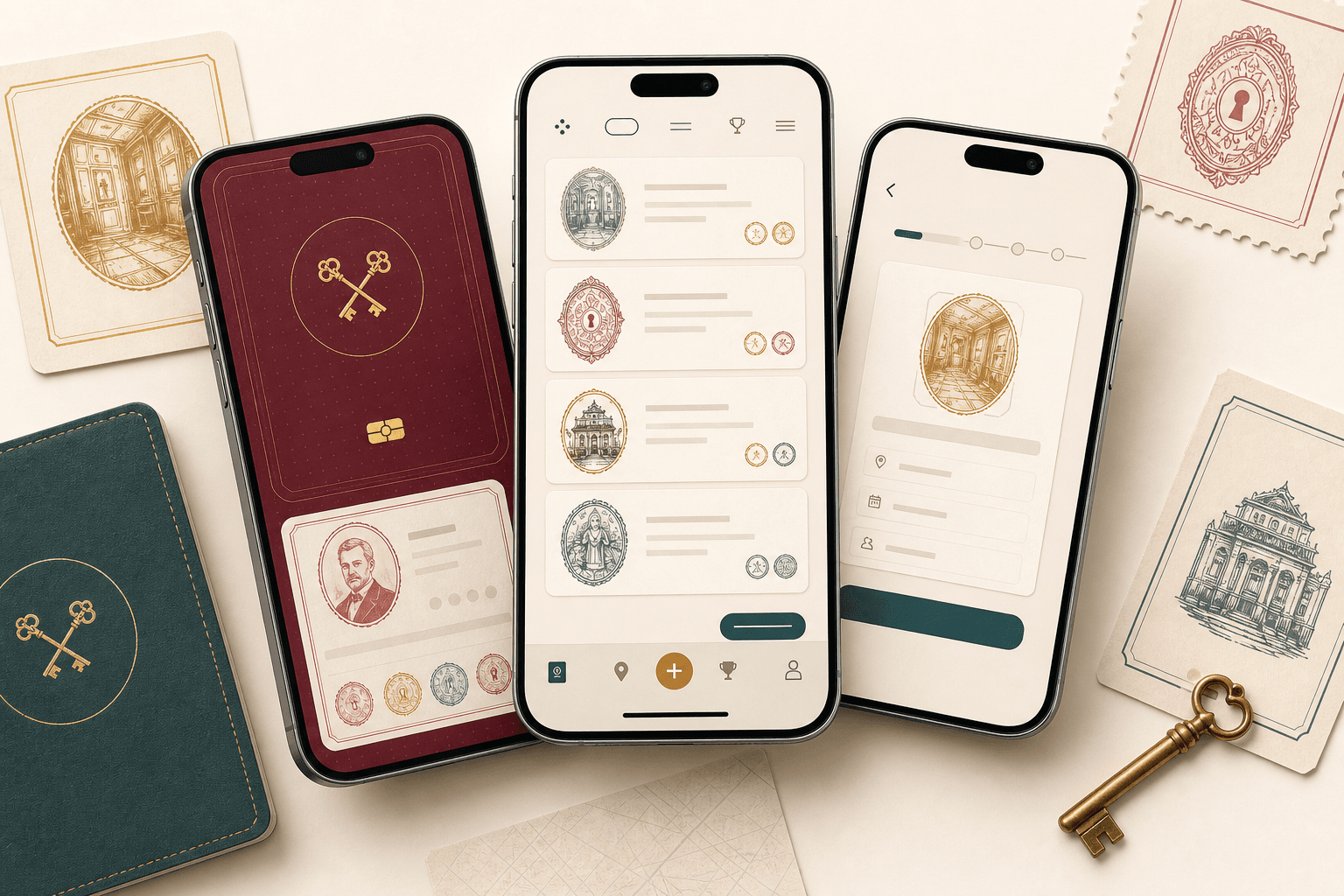Three mobile app previews showing an escape digital passport, room history, and add-room flow
